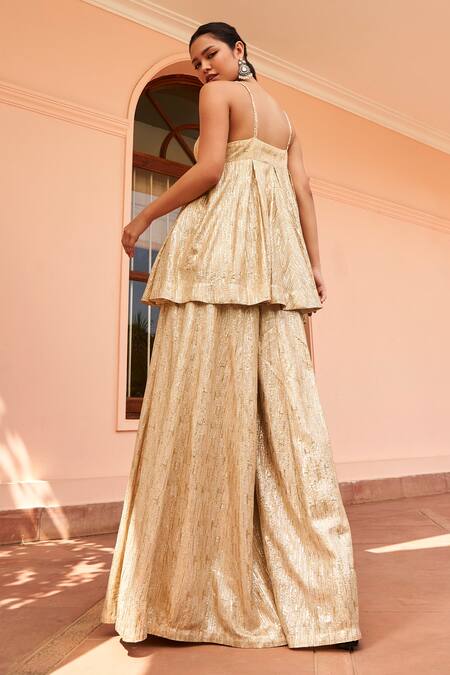 Shop Osaa By Adarsh Gold Silk, Brocade, Chiffon Zari, Embroidery Sweetheart Badla Top Sharara Set at Aza Fashions Shop_Osaa By Adarsh_Gold Silk, Brocade, Chiffon Zari, Embroidery Sweetheart Badla Top Sharara Set_at_Aza_Fashions