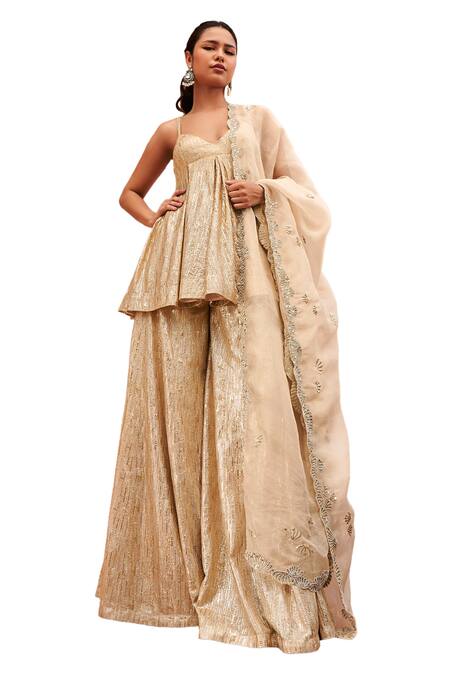 Osaa By Adarsh Gold Silk, Brocade, Chiffon Zari, Embroidery Sweetheart Badla Top Sharara Set Online at Aza Fashions Osaa By Adarsh_Gold Silk, Brocade, Chiffon Zari, Embroidery Sweetheart Badla Top Sharara Set_Online_at_Aza_Fashions