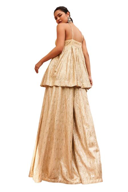 Osaa By Adarsh Gold Silk, Brocade, Chiffon Zari, Embroidery Sweetheart Badla Top Sharara Set at Aza Fashions Osaa By Adarsh_Gold Silk, Brocade, Chiffon Zari, Embroidery Sweetheart Badla Top Sharara Set_at_Aza_Fashions