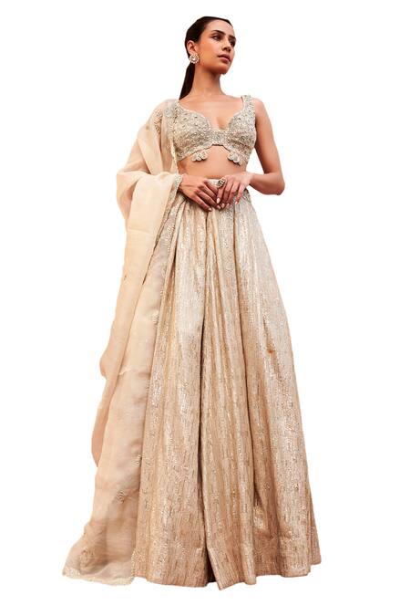 Shop_Osaa By Adarsh_Gold Silk, Brocade Zari Sweetheart Neck Badla Embroidered Lehenga Set_Online_at_Aza_Fashions