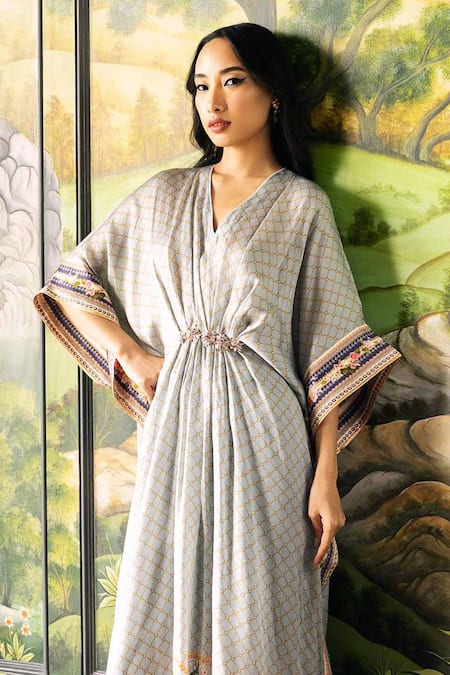 Falguni Shane Peacock Floral Print Dupion Silk Kaftan Set