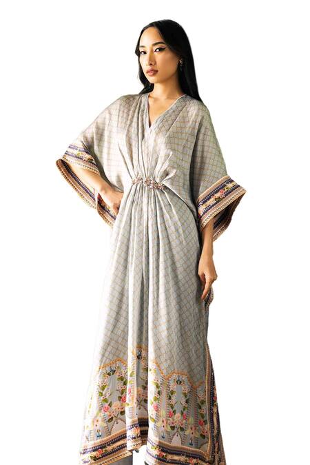 Falguni Shane Peacock_Floral Print Dupion Silk Kaftan Set _Online_at_Aza_Fashions