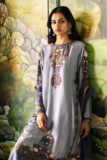 Falguni Shane Peacock Grey Printed Floral Kurta Set