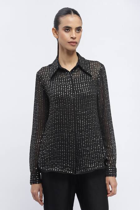 Abraham And Thakore Black Georgette Sequins, Beads Collared Hand Embroidered Shirt Online at Aza Fashions Abraham And Thakore_Black Georgette Sequins, Beads Collared Hand Embroidered Shirt _Online_at_Aza_Fashions