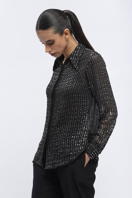 Buy Abraham And Thakore Black Georgette Sequins, Beads Collared Hand Embroidered Shirt Online at Aza Fashions Buy_Abraham And Thakore_Black Georgette Sequins, Beads Collared Hand Embroidered Shirt _Online_at_Aza_Fashions