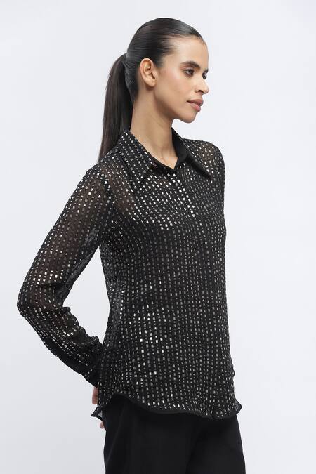 Shop Abraham And Thakore Black Georgette Sequins, Beads Collared Hand Embroidered Shirt Online at Aza Fashions Shop_Abraham And Thakore_Black Georgette Sequins, Beads Collared Hand Embroidered Shirt _Online_at_Aza_Fashions