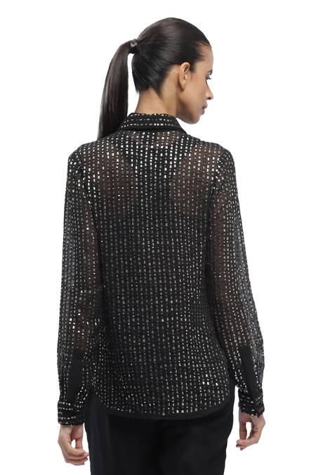 Abraham And Thakore Black Georgette Sequins, Beads Collared Hand Embroidered Shirt at Aza Fashions Abraham And Thakore_Black Georgette Sequins, Beads Collared Hand Embroidered Shirt _at_Aza_Fashions