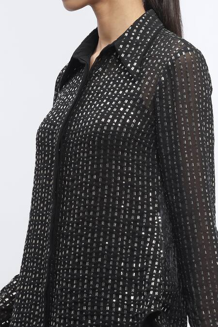 Shop Abraham And Thakore Black Georgette Sequins, Beads Collared Hand Embroidered Shirt Shop_Abraham And Thakore_Black Georgette Sequins, Beads Collared Hand Embroidered Shirt