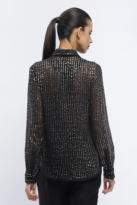 Shop Abraham And Thakore Black Georgette Sequins, Beads Collared Hand Embroidered Shirt at Aza Fashions Shop_Abraham And Thakore_Black Georgette Sequins, Beads Collared Hand Embroidered Shirt _at_Aza_Fashions