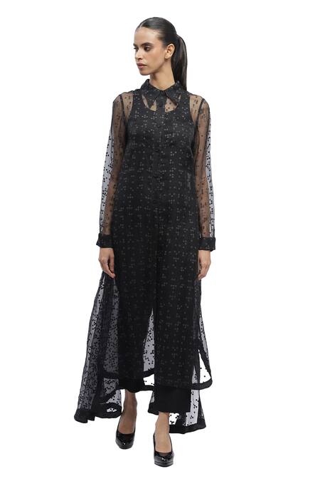 Abraham And Thakore Black Organza Embroidery Collared Braille Print Long Sheer Shirt Online at Aza Fashions Abraham And Thakore_Black Organza Embroidery Collared Braille Print Long Sheer Shirt _Online_at_Aza_Fashions