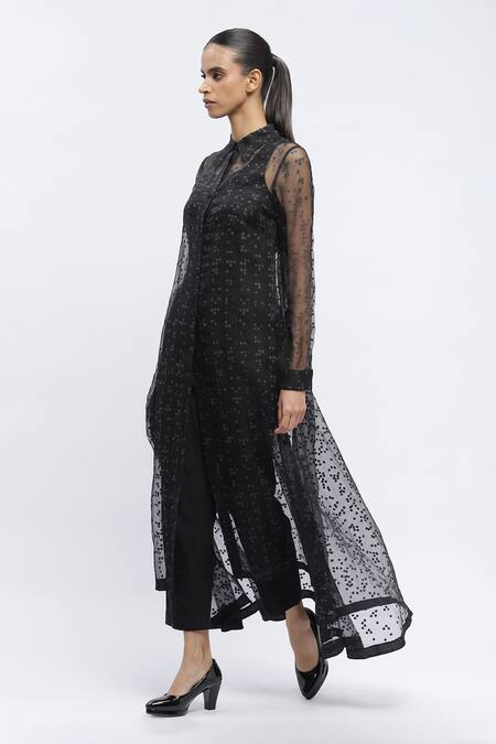 Buy Abraham And Thakore Black Organza Embroidery Collared Braille Print Long Sheer Shirt Online at Aza Fashions Buy_Abraham And Thakore_Black Organza Embroidery Collared Braille Print Long Sheer Shirt _Online_at_Aza_Fashions