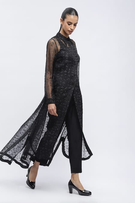 Shop Abraham And Thakore Black Organza Embroidery Collared Braille Print Long Sheer Shirt Online at Aza Fashions Shop_Abraham And Thakore_Black Organza Embroidery Collared Braille Print Long Sheer Shirt _Online_at_Aza_Fashions