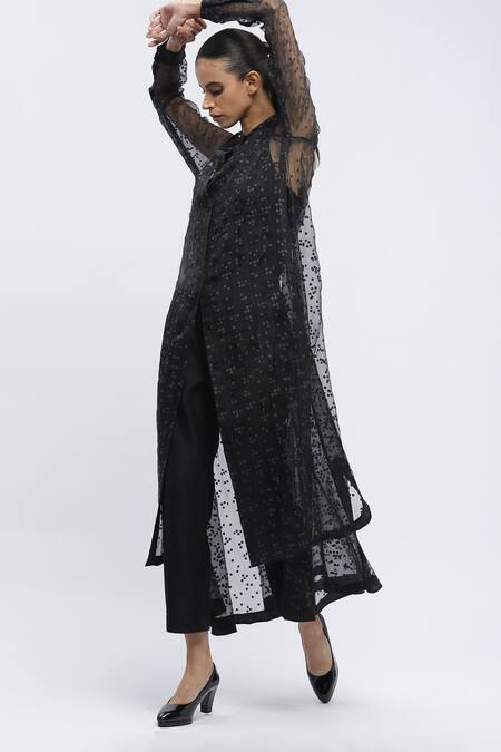 Abraham And Thakore Black Organza Embroidery Collared Braille Print Long Sheer Shirt at Aza Fashions Abraham And Thakore_Black Organza Embroidery Collared Braille Print Long Sheer Shirt _at_Aza_Fashions