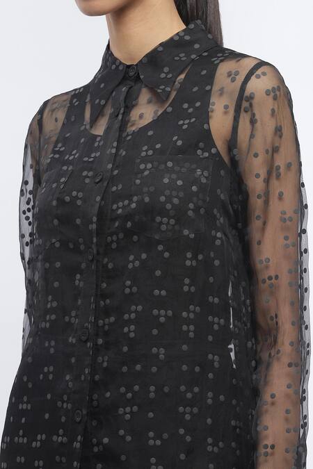 Buy Abraham And Thakore Black Organza Embroidery Collared Braille Print Long Sheer Shirt Buy_Abraham And Thakore_Black Organza Embroidery Collared Braille Print Long Sheer Shirt