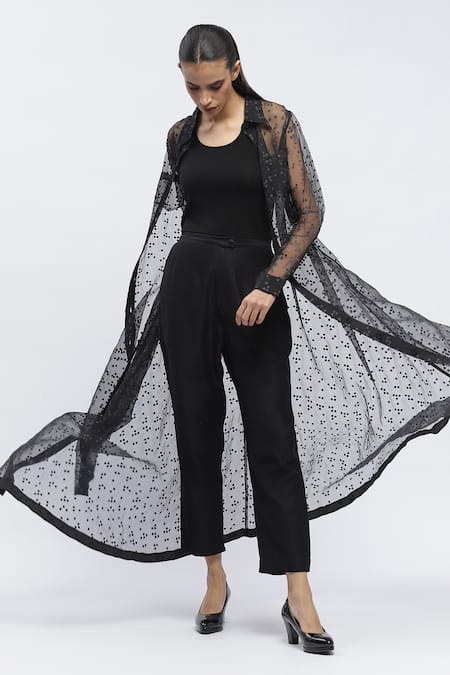Shop Abraham And Thakore Black Organza Embroidery Collared Braille Print Long Sheer Shirt at Aza Fashions Shop_Abraham And Thakore_Black Organza Embroidery Collared Braille Print Long Sheer Shirt _at_Aza_Fashions
