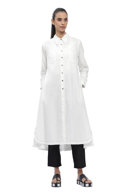 Abraham And Thakore Ivory Cotton Embroidery Collared Contrast Thread Work Asymmetric Long Shirt Online at Aza Fashions Abraham And Thakore_Ivory Cotton Embroidery Collared Contrast Thread Work Asymmetric Long Shirt _Online_at_Aza_Fashions