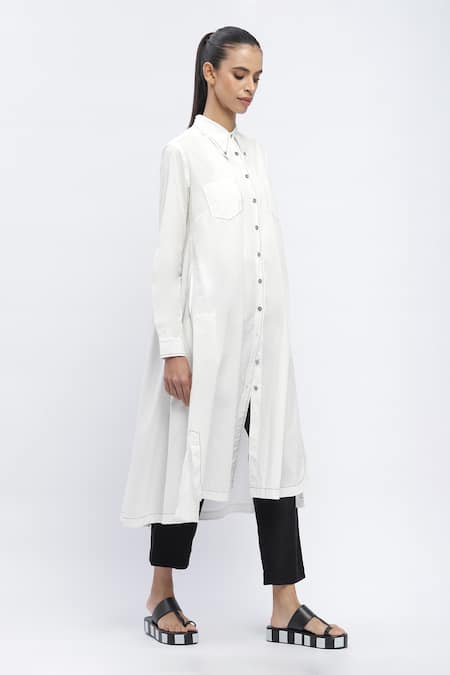 Buy Abraham And Thakore Ivory Cotton Embroidery Collared Contrast Thread Work Asymmetric Long Shirt Online at Aza Fashions Buy_Abraham And Thakore_Ivory Cotton Embroidery Collared Contrast Thread Work Asymmetric Long Shirt _Online_at_Aza_Fashions