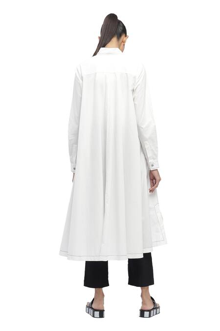 Shop Abraham And Thakore Ivory Cotton Embroidery Collared Contrast Thread Work Asymmetric Long Shirt Online at Aza Fashions Shop_Abraham And Thakore_Ivory Cotton Embroidery Collared Contrast Thread Work Asymmetric Long Shirt _Online_at_Aza_Fashions