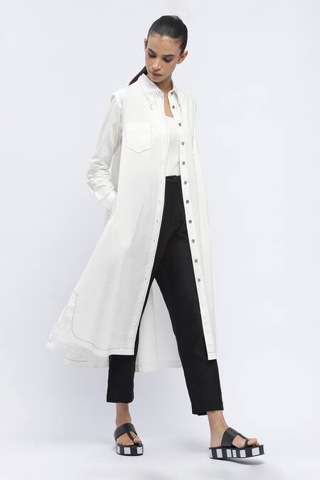 Abraham And Thakore Ivory Cotton Embroidery Collared Contrast Thread Work Asymmetric Long Shirt at Aza Fashions Abraham And Thakore_Ivory Cotton Embroidery Collared Contrast Thread Work Asymmetric Long Shirt _at_Aza_Fashions