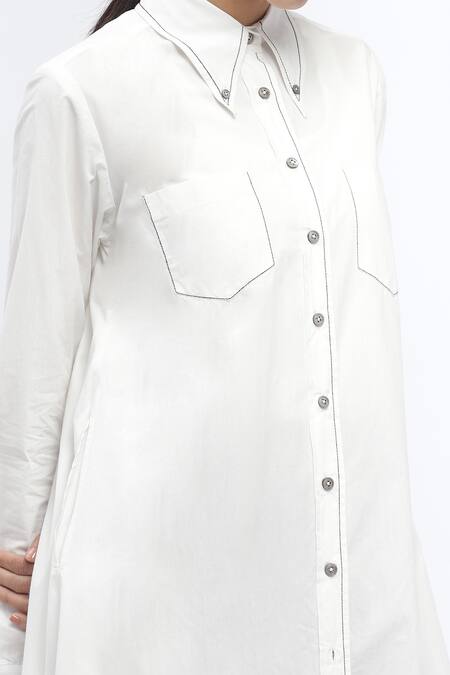 Buy Abraham And Thakore Ivory Cotton Embroidery Collared Contrast Thread Work Asymmetric Long Shirt Buy_Abraham And Thakore_Ivory Cotton Embroidery Collared Contrast Thread Work Asymmetric Long Shirt
