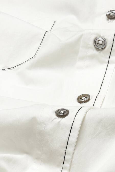 Shop Abraham And Thakore Ivory Cotton Embroidery Collared Contrast Thread Work Asymmetric Long Shirt Shop_Abraham And Thakore_Ivory Cotton Embroidery Collared Contrast Thread Work Asymmetric Long Shirt