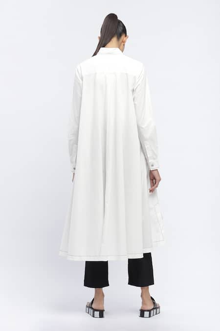 Shop Abraham And Thakore Ivory Cotton Embroidery Collared Contrast Thread Work Asymmetric Long Shirt at Aza Fashions Shop_Abraham And Thakore_Ivory Cotton Embroidery Collared Contrast Thread Work Asymmetric Long Shirt _at_Aza_Fashions