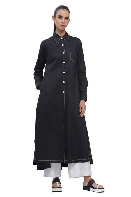 Abraham And Thakore_Black Cotton Embroidery Collared Contrast Thread Work Long Shirt_Online_at_Aza_Fashions