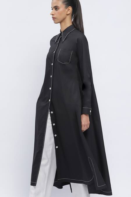 Buy_Abraham And Thakore_Black Cotton Embroidery Collared Contrast Thread Work Long Shirt_Online_at_Aza_Fashions