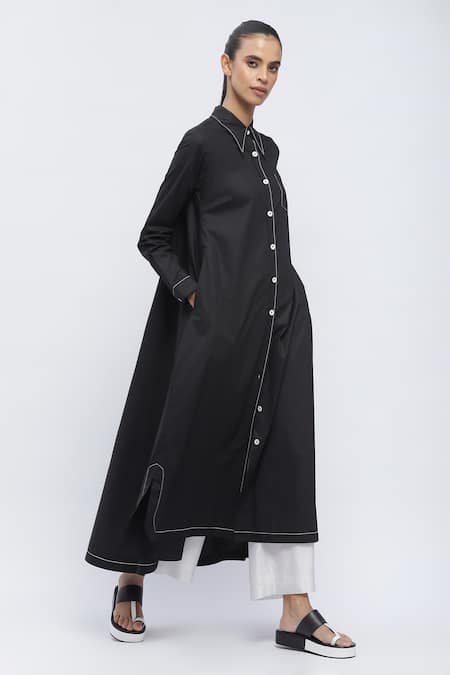 Shop_Abraham And Thakore_Black Cotton Embroidery Collared Contrast Thread Work Long Shirt_Online_at_Aza_Fashions