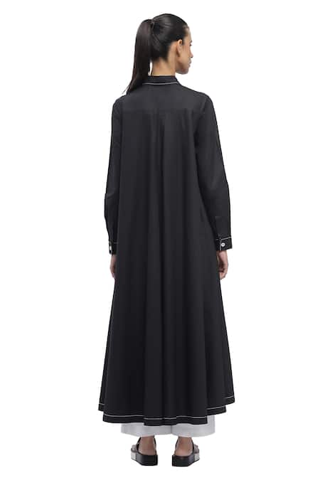 Abraham And Thakore_Black Cotton Embroidery Collared Contrast Thread Work Long Shirt_at_Aza_Fashions