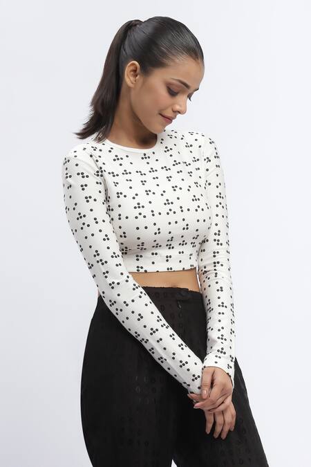 Abraham And Thakore_Ivory Cotton Round Neck Braille Print Full Sleeve Crop Top_Online_at_Aza_Fashions