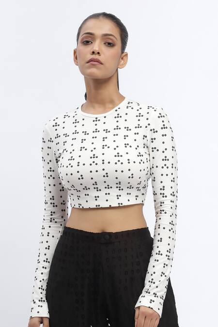 Buy_Abraham And Thakore_Ivory Cotton Round Neck Braille Print Full Sleeve Crop Top_Online_at_Aza_Fashions