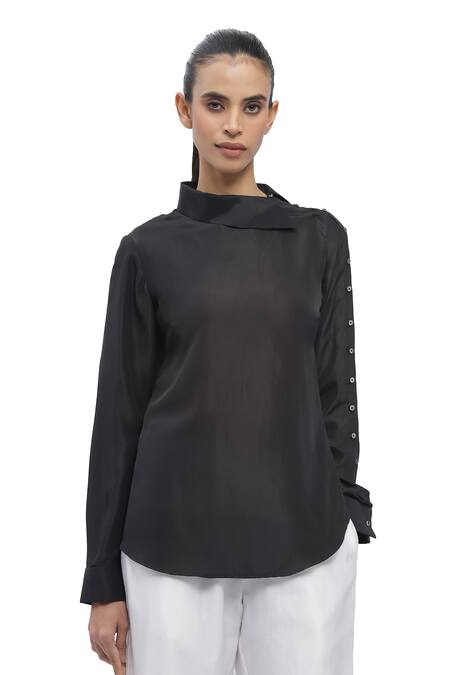 Abraham And Thakore_Black Crepe High Neck Solid Shirt_Online_at_Aza_Fashions