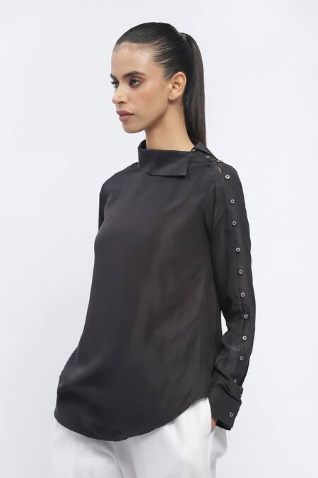 Buy_Abraham And Thakore_Black Crepe High Neck Solid Shirt_Online_at_Aza_Fashions