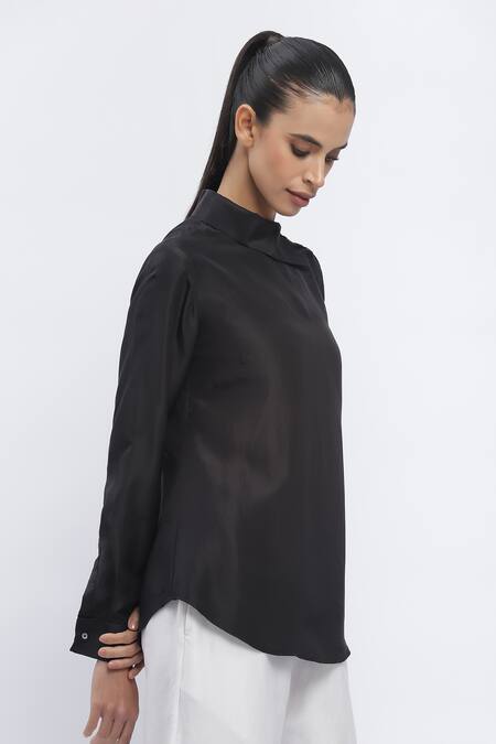 Shop_Abraham And Thakore_Black Crepe High Neck Solid Shirt_Online_at_Aza_Fashions