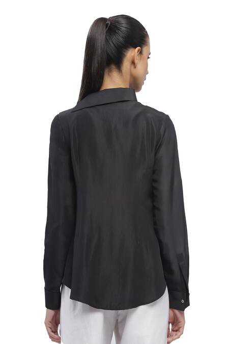 Abraham And Thakore_Black Crepe High Neck Solid Shirt_at_Aza_Fashions