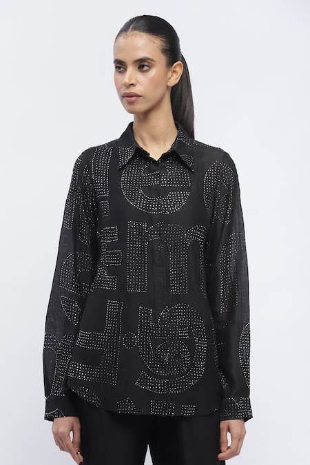 Abraham And Thakore Black Chanderi Embroidery Collared Embellished Full Sleeve Shirt Online at Aza Fashions Abraham And Thakore_Black Chanderi Embroidery Collared Embellished Full Sleeve Shirt _Online_at_Aza_Fashions