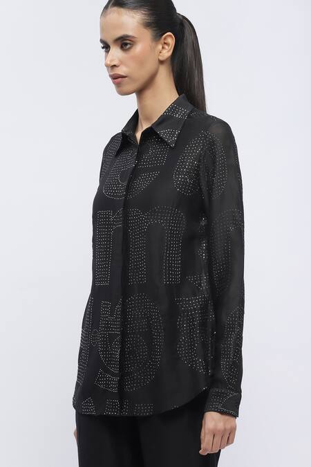 Shop Abraham And Thakore Black Chanderi Embroidery Collared Embellished Full Sleeve Shirt Online at Aza Fashions Shop_Abraham And Thakore_Black Chanderi Embroidery Collared Embellished Full Sleeve Shirt _Online_at_Aza_Fashions