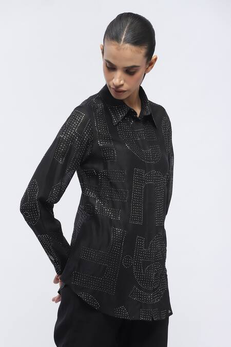Abraham And Thakore Black Chanderi Embroidery Collared Embellished Full Sleeve Shirt at Aza Fashions Abraham And Thakore_Black Chanderi Embroidery Collared Embellished Full Sleeve Shirt _at_Aza_Fashions