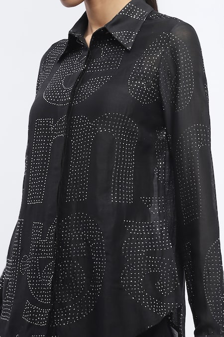 Buy Abraham And Thakore Black Chanderi Embroidery Collared Embellished Full Sleeve Shirt Buy_Abraham And Thakore_Black Chanderi Embroidery Collared Embellished Full Sleeve Shirt