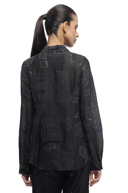 Shop Abraham And Thakore Black Chanderi Embroidery Collared Embellished Full Sleeve Shirt at Aza Fashions Shop_Abraham And Thakore_Black Chanderi Embroidery Collared Embellished Full Sleeve Shirt _at_Aza_Fashions