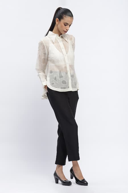 Abraham & Thakore White Organza Embroidered Applique Collared Work Shirt 