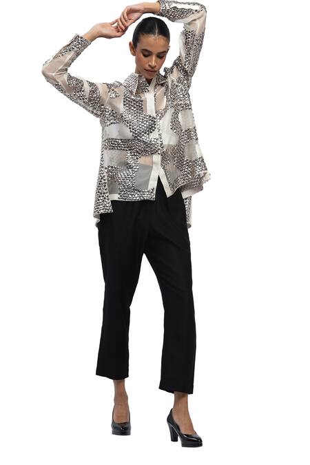 Buy_Abraham And Thakore_Ivory Organza Sequins Collared Embroidered Shirt