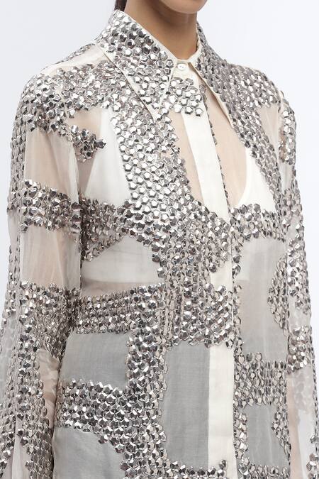 Shop_Abraham And Thakore_Ivory Organza Sequins Collared Embroidered Shirt
