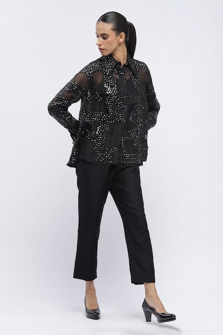 Abraham & Thakore Black Organza Embroidered Sequin Collared Long Sleeve Shirt 