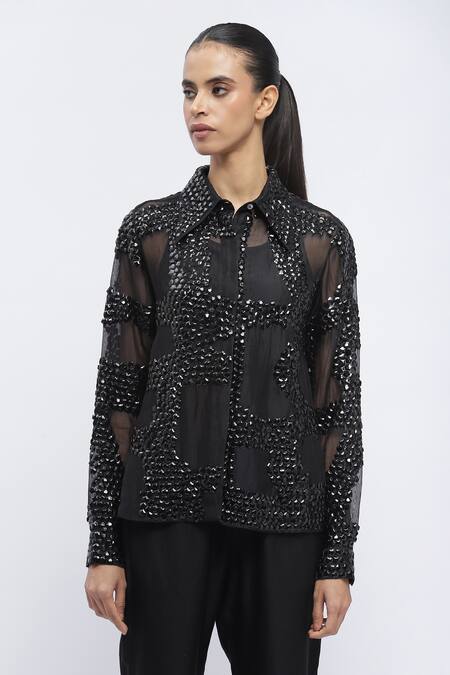 Abraham And Thakore Black Organza Sequins Collared Embroidered Long Sleeve Shirt Online at Aza Fashions Abraham And Thakore_Black Organza Sequins Collared Embroidered Long Sleeve Shirt_Online_at_Aza_Fashions