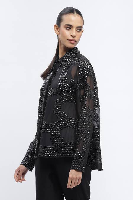Buy Abraham And Thakore Black Organza Sequins Collared Embroidered Long Sleeve Shirt Online at Aza Fashions Buy_Abraham And Thakore_Black Organza Sequins Collared Embroidered Long Sleeve Shirt_Online_at_Aza_Fashions