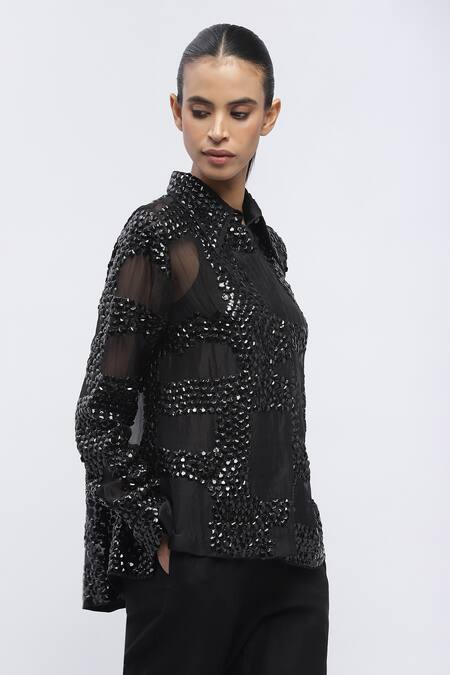 Shop Abraham And Thakore Black Organza Sequins Collared Embroidered Long Sleeve Shirt Online at Aza Fashions Shop_Abraham And Thakore_Black Organza Sequins Collared Embroidered Long Sleeve Shirt_Online_at_Aza_Fashions