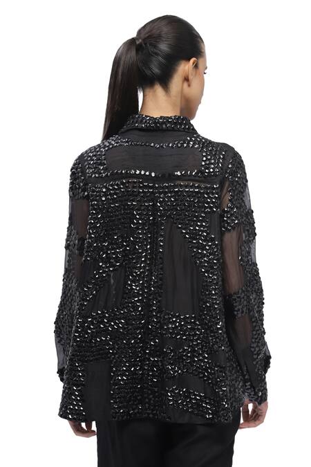 Abraham And Thakore Black Organza Sequins Collared Embroidered Long Sleeve Shirt at Aza Fashions Abraham And Thakore_Black Organza Sequins Collared Embroidered Long Sleeve Shirt_at_Aza_Fashions