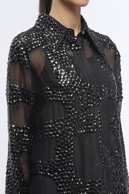 Shop Abraham And Thakore Black Organza Sequins Collared Embroidered Long Sleeve Shirt Shop_Abraham And Thakore_Black Organza Sequins Collared Embroidered Long Sleeve Shirt